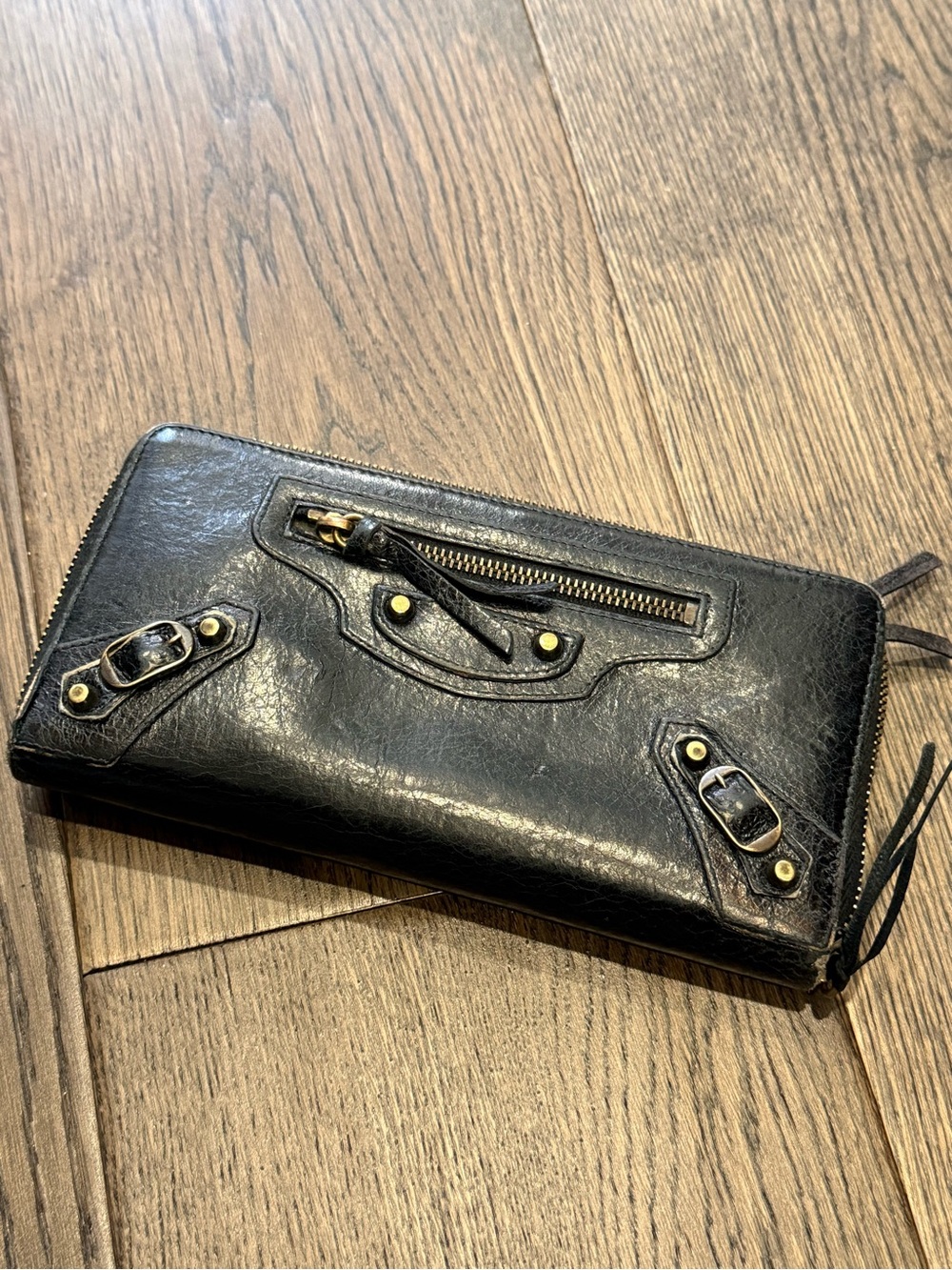 Authentic Balenciaga Black Leather Zip-Around Wallet – Classic Motorcycle Style
